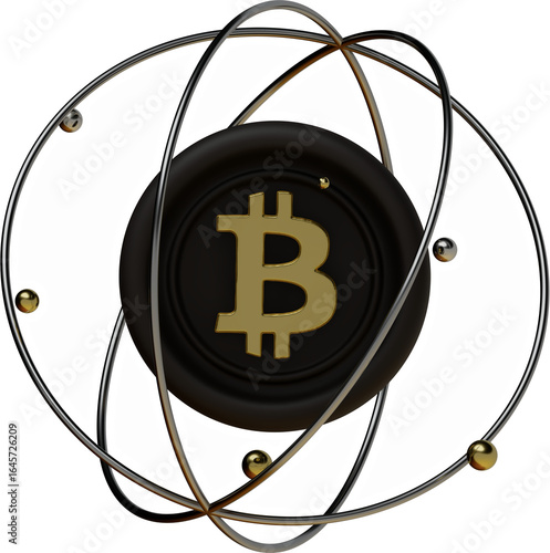 Abstract Digital Gold Coin Cryptocurrency Orbiting Digital Particles Representing Future Technology Bitcoin BTC