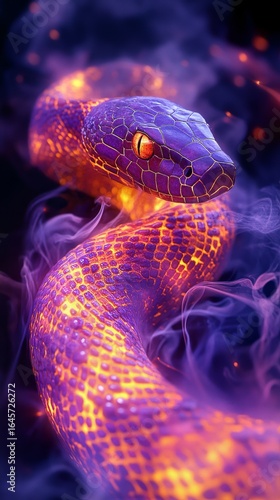 Colorful Serpent Coiled on a Dark Surface With Glowing Patterns in a Mystical...