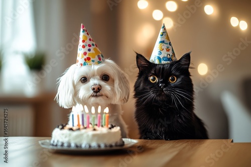 Pets Celebrate Birthday Together With Cake and Hats in Cozy Indoor Setting