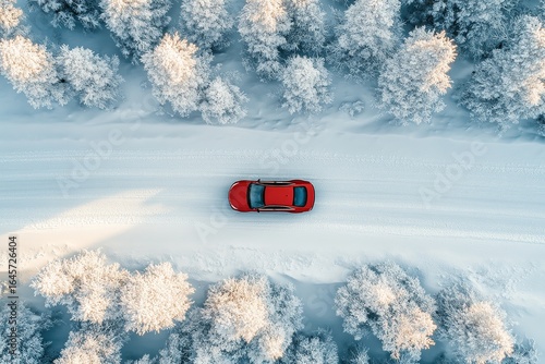 Red Car Drives on Snow-Covered Road Surrounded by White Trees in Winter Lands...