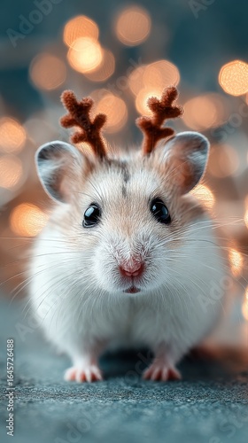 Cute Hamster With Reindeer Antlers Surrounded by Warm Bokeh Lights During Win...