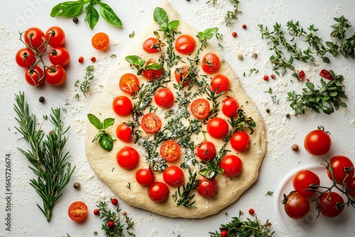 Delicious Bread Dough Topped With Fresh Tomatoes and Herbs on a Kitchen Count...