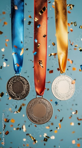 Medals Hanging With Colored Ribbons Surrounded by Festive Confetti in a Celeb...