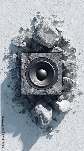 Speaker Embedded in Concrete Debris in an Artistic Display Showcasing Sound a...