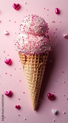 Delightful Pink Ice Cream Cone Topped With Sprinkles and Surrounded by Heart ...