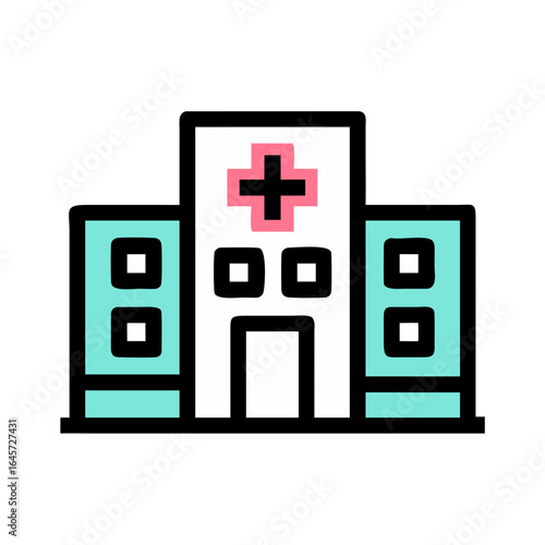 Hospital Icon: Clean graphic rendering of a hospital, showcasing a modern facade with a prominent cross symbol, representing care and health