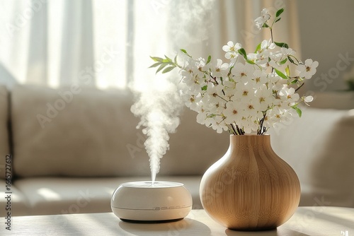 Soft Morning Light Illuminates Fresh Flowers and an Aroma Diffuser in a Cozy ...