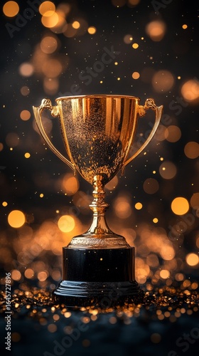 Shiny Gold Trophy Illuminated by Glittering Lights Celebrating Achievement an...