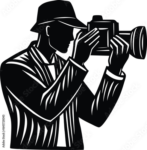Man in hat taking photo silhouette isolated on transparent background