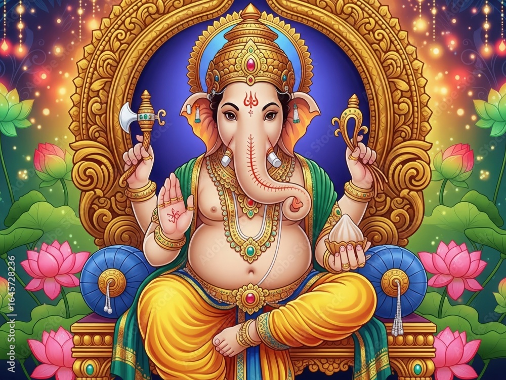 Fototapeta premium Majestic Multi-Color Lord Ganesha Sitting on Golden Throne with Lotus Flowers and Glowing Lights – High-Resolution Festive Illustration