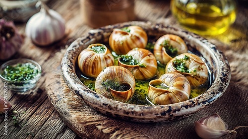 Fototapeta Naklejka Na Ścianę i Meble -  French escargots garlic butter served in traditional dish gourmet delicacy