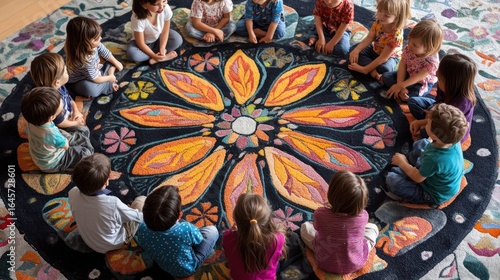 Children in a circle on a colorful rug.  A group of young children are seated in a circle on a patterned rug with a large floral design.  They appear engaged and happy