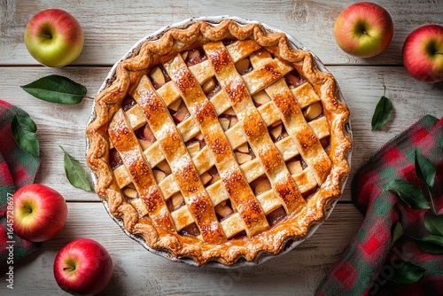 Delicious Apple Pie With Golden Crust on Wooden Table Surrounded by Fresh Apples