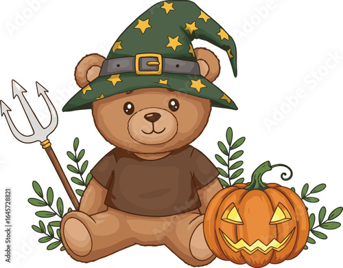 Cute teddy bear wearing witch hat, holding trident, sitting with Halloween pumpkin, adorable autumn illustration, festive cartoon art for celebration design
