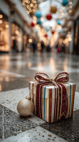 Holiday Gift Surrounded by Festive Decorations in a Shopping Mall During the ...