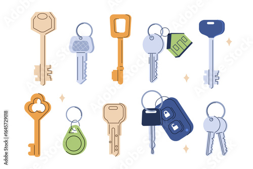 Various key blanks set. Apartment, home, car and other keys on keyholders. Locksmith service concept. Vector illustration.