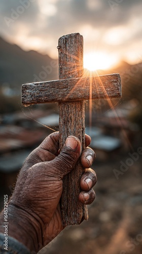 Hand Holding Wooden Cross With Sun Setting Over Mountains in Serene Landscape.