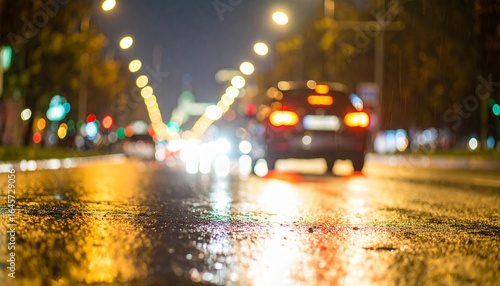 Rainy city street with car headlights reflection at night