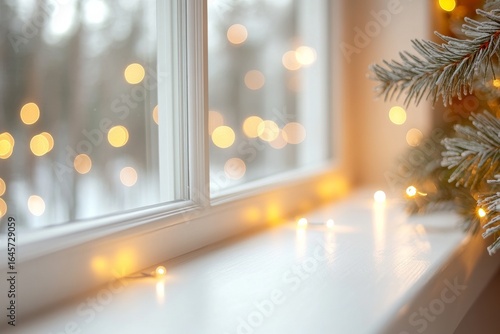 Warm Winter Glow From Lights on a Window Sill Decorated With Pine Branches