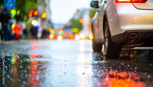 Rainy city street with car headlights reflection at night