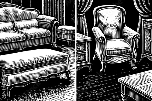 Vintage sofa and furniture engravings in classic black and white style, retro interior design, antique decor, illustration projects, and timeless home styling concept