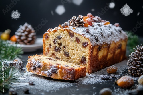 Delicious Festive Cake Decorated With Powdered Sugar and Dried Fruit During W...
