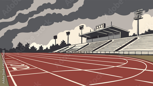 Athletic Track and Stadium Illustration with Dark Clouds.