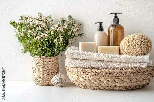 Spa Essentials Arranged on a White Surface With Natural Elements for a Relaxi...