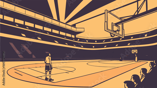 Basketball Player Standing Alone on Court in Large Arena.