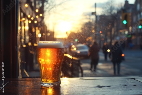 Sunset View With a Glass of Beer in a Busy City Street Filled With Pedestrians