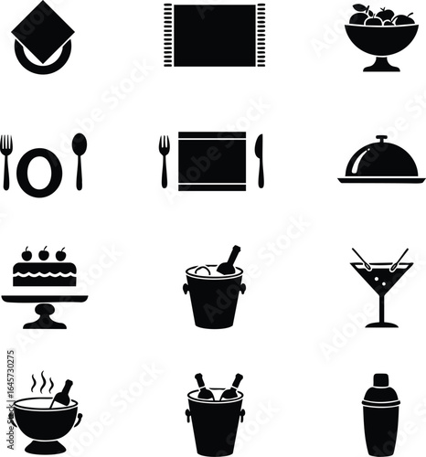 Dining and Party Icon Sheet Featuring Food Service and Beverage Supplies