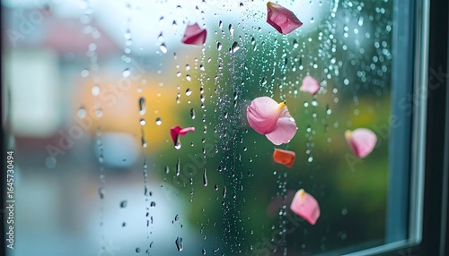 Pink rose petals on rainy window glass with romantic atmosphere