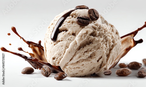 Coffee Ice Cream Scoop with Espresso Drizzle on White