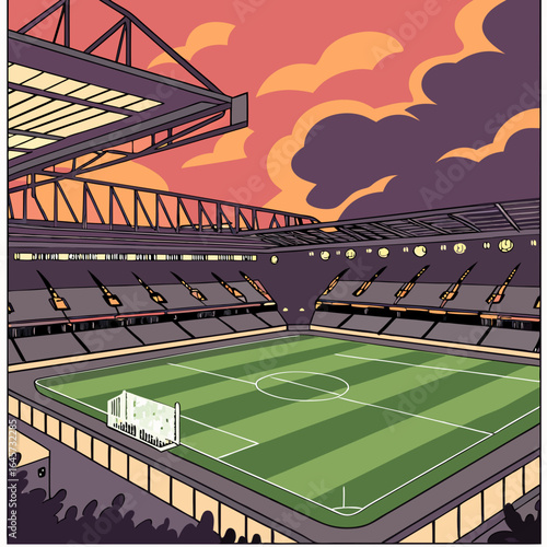 Colorful Illustration of a Soccer Stadium at Sunset.