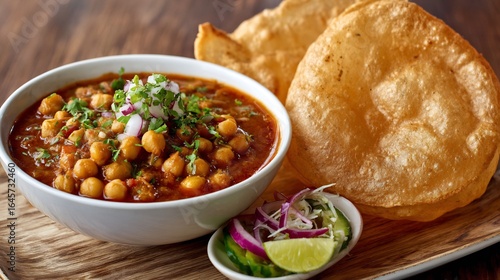 Fototapeta Naklejka Na Ścianę i Meble -  Indian chole bhature chickpea curry fried bread pickle garnish