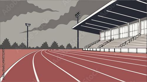 Covered Running Track with Bleachers Under Cloudy Sky.