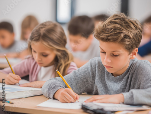 Wallpaper Mural Focused schoolchildren writing in notebooks during lesson, education concept Torontodigital.ca