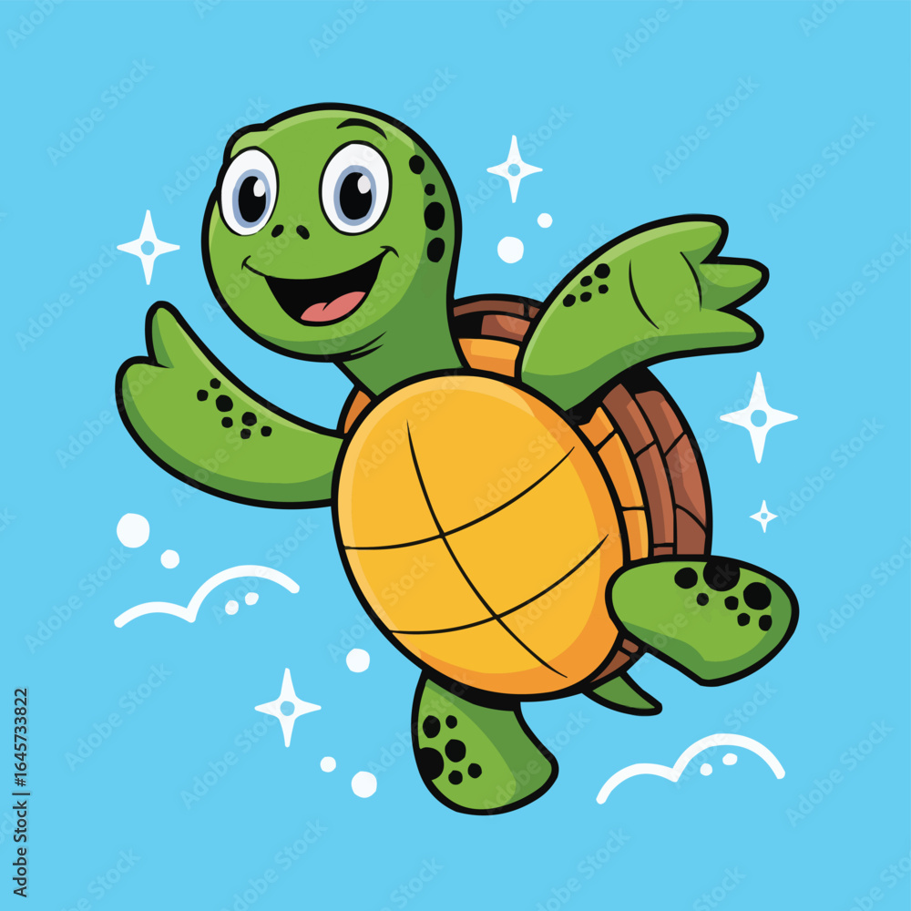 Fototapeta premium Cheerful Cartoon Turtle Swimming with Sparkles and Waves