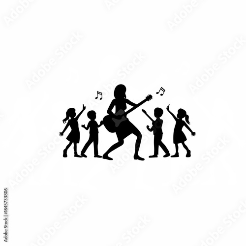 Music teacher strumming guitar with students joining silhouette isolated on white background