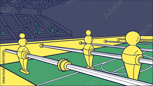 Foosball Table Game with Yellow Players and Stadium Background.