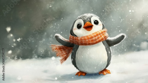 Cute penguin in winter wonderland.  A small, cheerful penguin with an orange scarf, joyfully standing in a snowy landscape