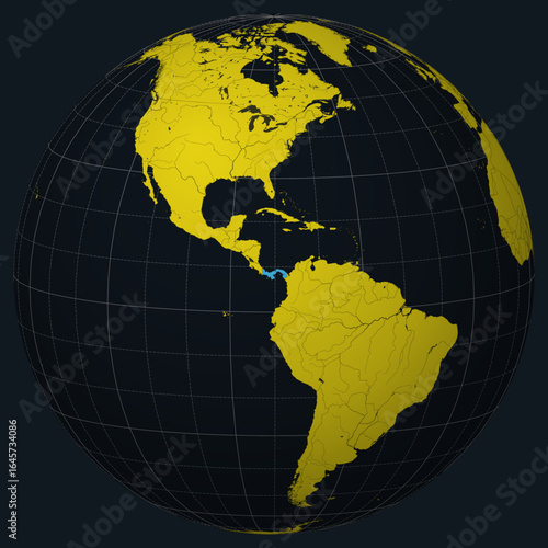 Republic of Panama on Globe. Country view on the world map in Charcoal Bright Yellow color palette. Panama shape on map. Globe with meridians, parallels, countries, rivers and lakes.