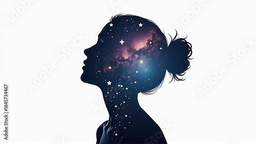 Silhouette of a woman's head filled with stars and cosmic clouds, against a white background.