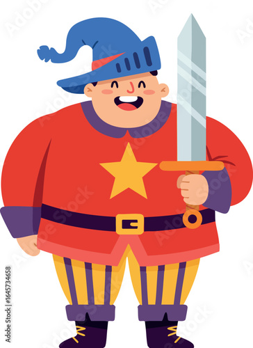 Cartoon knight with sword wearing blue helmet and red shirt with yellow star vector illustration 