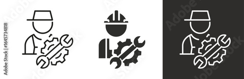 flat and linear set icons, technician man icon, engineer or contractor ,maintenance technical, handy service, quality assistance, simple symbols on white and black background - editable stroke vector 
