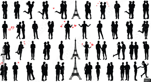 Romantic couple silhouettes, Eiffel Tower Paris theme, love and relationship vector art, affectionate poses, dating moments, valentine illustration, travel romance, heart design