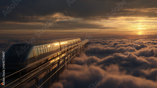 Futuristic Train Above the Clouds at Sunrise
