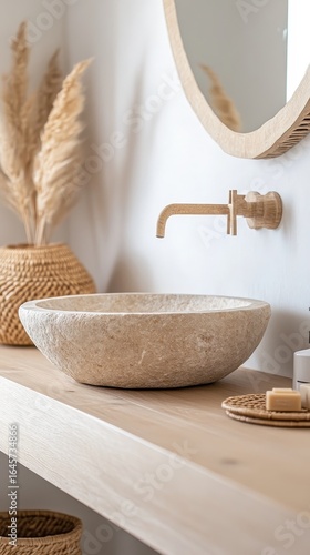 A bathroom sink with a wooden bowl on a counter