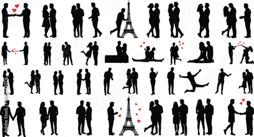 Romantic couple silhouettes, Paris Eiffel Tower love scenes, affectionate poses, relationship illustration, vector people art, dating moments, romantic travel, valentine theme, togetherness concept