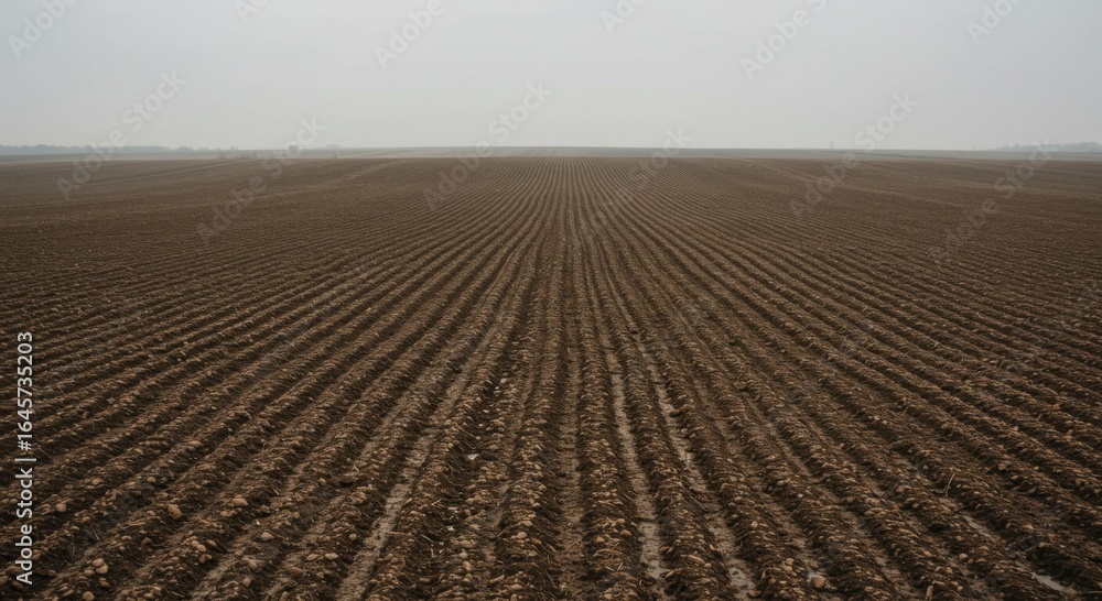 Fototapeta premium Brown Plowed Field Under an Overcast Sky